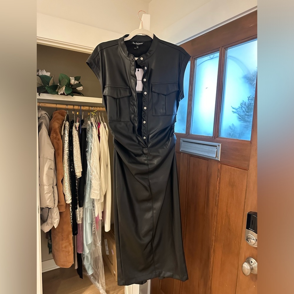 En Saison Black Leather Button-Up Midi Dress